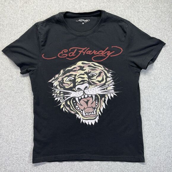 Ed Hardy Tiger Graphic Tee Women’s M Black Retro Y2K Grunge Punk Metal Style - Picture 1 of 10
